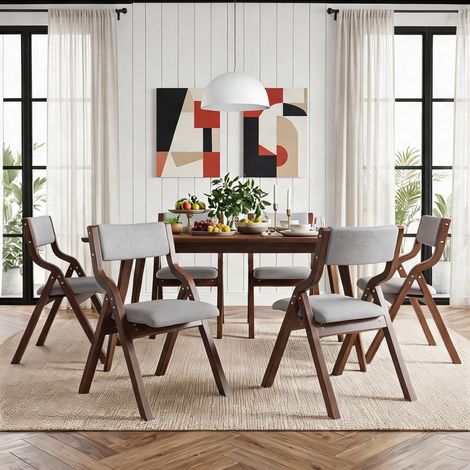 6 chaises de salle à manger pliantes en bois massif et tissu gris (1/5)