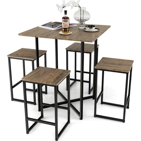 COSTWAY Juego de Mesa de Comedor de 5 Piezas, Juego de Mesa de Cocina Industrial con 4 Taburetes, Set de Mesa Cuadrada para Espacios Pequeños, Juegos de Mesa Alta con Estructura de Metal (1/5)