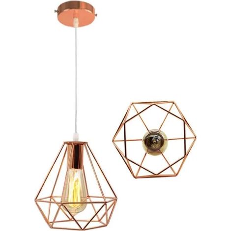 Lustre Suspension - - Abat-Jour Cage Diamant 20cm - Métal - Rose - E27 (1/4)
