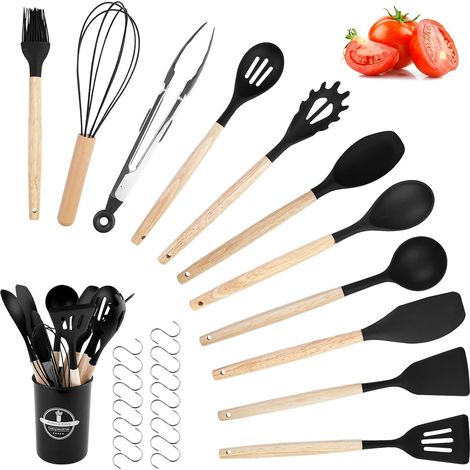 Ustensiles de Cuisine(27Pcs), Silicone Ensemble Avec Pot de Rangement, Kitchenware Ustensile Set, Kitchen Utensils Kit Noir, Antiadhésive Anti-Rayures et Résistante à La Chaleur (1/5)