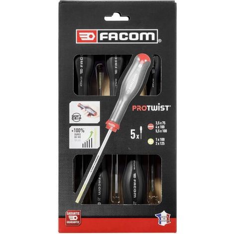 Facom – Coffret de 5 tournevis Protwist – 3 fentes 3,5x75/4x100/5,5x100 et 2 Pozidriv 1x100/2x125 – Pour vis à fente et Pozidriv