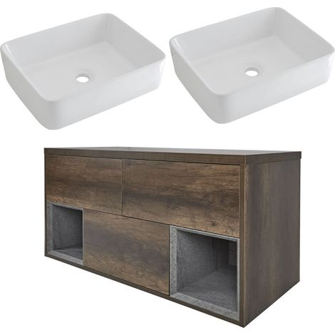 Milano Bexley Dark Oak 1200mm Wall Hung Bathroom Vanity Unit with 2 Countertop Basins - Rectangular Basins (With LED Light) (1/5)
