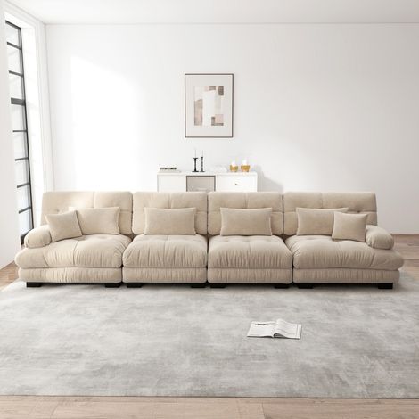 Sofá modular de 4 plazas 406 x 77 x 81 cm - Tejido de chenilla con efecto nube y asiento profundo para salón y oficina - Marrón Café claro