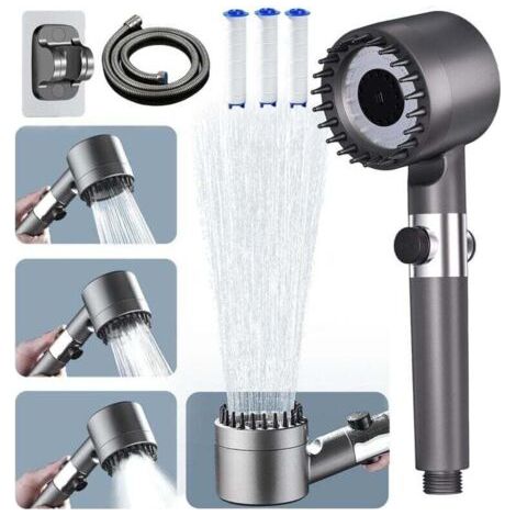 Pommeau de Duche Haute Pression, Pommeau de Duche Economie Deau avec Tuyau Douche 1.5M et Support de Douche, Salle de Bain Réglable à 3 Modes, Pommeau de Douche Anti Calcaire Bouton D'arrêt D'eau (1/4)