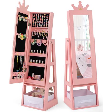COSTWAY Armadio Portagioie 3 in 1 per Bambini 31,5 x 30 x 115cm, Specchio a Forma di Corona con Ganci, Ripiano e Cassetto in Tessuto, Toeletta per Cameretta (Rosa) (1/5)
