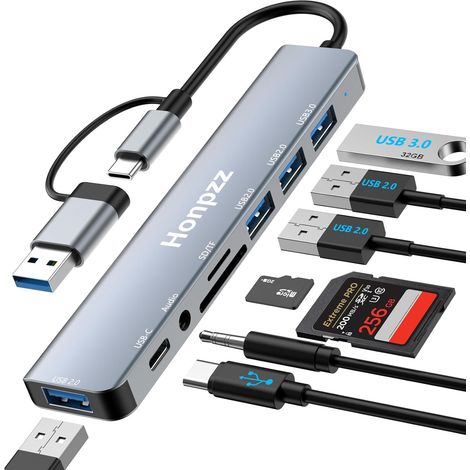 Hub USB 3.0,Hub USB C,8-en-2 Multiprise USB avec 1 Port USB 3.0/Lecture de Carte SD/TF/1 Port Audio 3,5 mm/1 Port USB-C/3USB 2.0,usb hub Compatible avec PC,MacBook/Pro/Mini, iMac,XPS,Surface,Tablette (1/5)