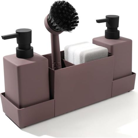 Dispenser di sapone con porta spugna, ripiano per lavandino, dispenser di detersivo per piatti con vassoio, accessori per il bagno (1/5)