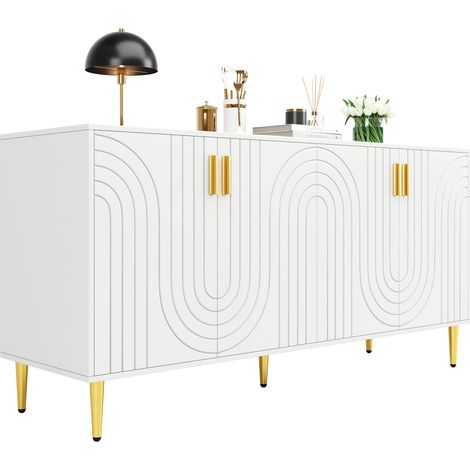ELVMI Sideboard mit 2 Türen und 4 Fächern, mit Kippschutz, Wohnzimmer, 152 x 40 x 75 cm, in MDF, Weiß (1/5)