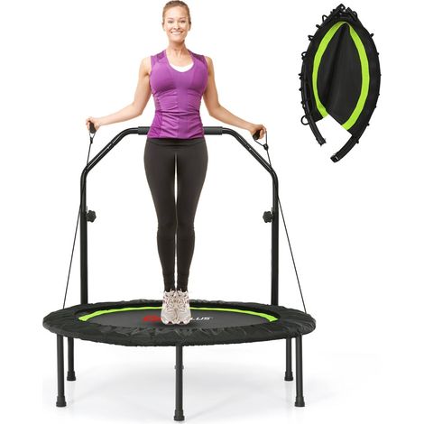 Trampoline pliable pour fitness diamètre 101 cm avec main courante réglable et 2 bandes de résistance en acier vert (1/2)