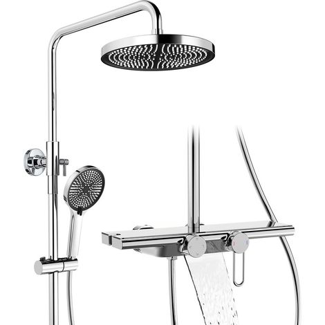Colonne de Douche Chromé en Laiton, Ensemble avec Douchette 5 Jets, Cascade et Étagère de Rangement, Sans Perçage Supplémentaire Réglable en Hauteur
