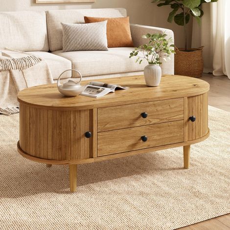 Table basse fixe design ovale, 100 x 50 x 40 cm, bout de canapé avec portes coulissantes à lattes et 2 tiroirs de rangement, Style rétro rustique pour salon, couleur chêne
