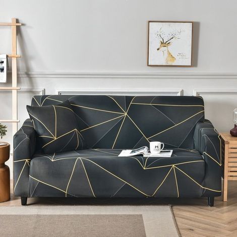 Housse de Canapé Extensible 2 Place Couverture Canapé avec Accoudoirs, lignes simples, or noir[SFT1] (1/4)