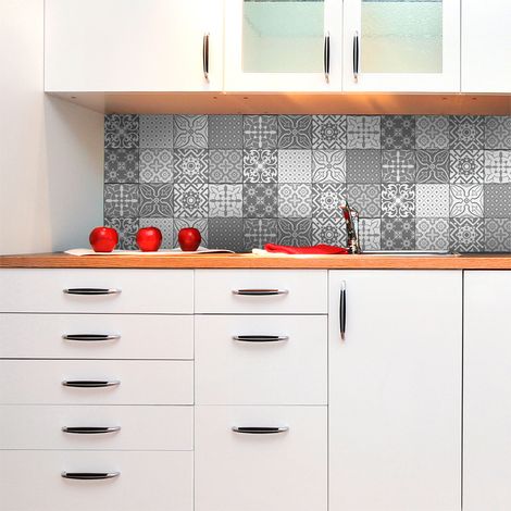 Sticker Mural Carrelage adhésif Cuisine Salle de Bain - 12 STICKERS CARREAUX DE CIMENT NUANCES DE GRIS SANTA CRUZ - 12stickers10x10cm (1/5)