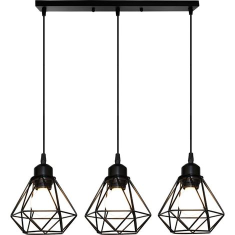 – Lustre cage diamant 3 lumières en métal noir – Douille E27 – Longueur ajustable 50cm – Convient pour cafés et salons (1/4)