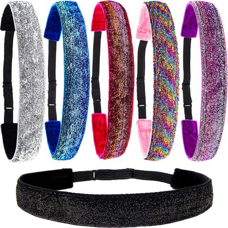 Lot de 6 bandeaux à paillettes pour filles, bandeaux ajustables et antidérapants pour enfants, accessoires de coiffure mignons et antidérapants pour la gymnastique, bandeau scintillant pour adolescent (1/5)