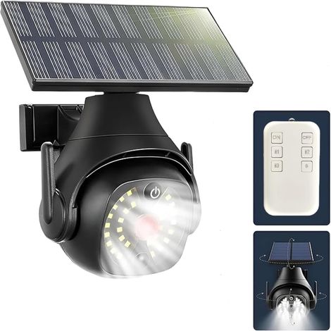 JSSEVN - Cámara de seguridad falsa y luces solares con sensor de movimiento, luces solares con control remoto, fácil instalación, resistente al agua IP65. (1/5)