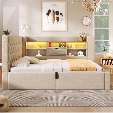 lit adulte lit coffre rangement 140x190 LED beige OKMYHOME (1/5)