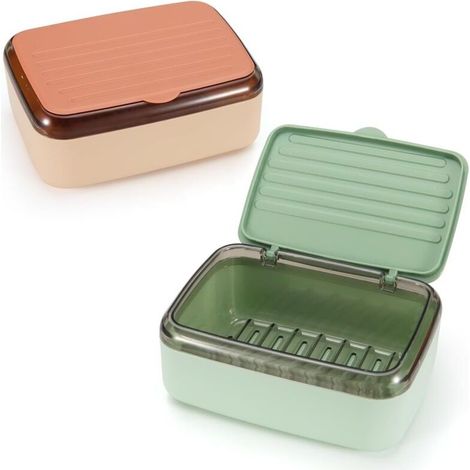 2 porte-savons avec bacs de drainage et couvercles, récipient à savon amovible à 2 niveaux, douche, lavabo, grand porte-savon étanche rose et vert (1/4)
