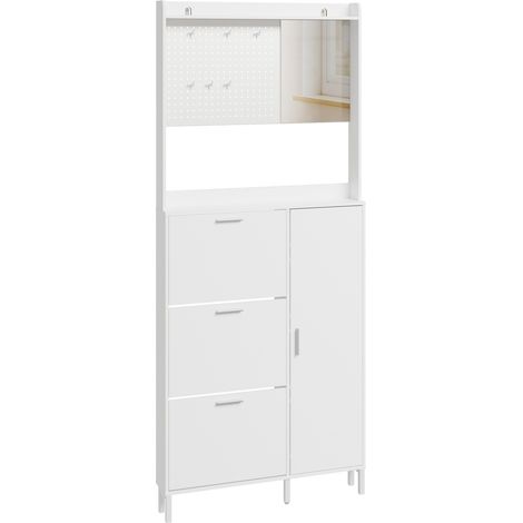 SoBuy Slim White Shoe Storage Cabinet with Mirror & Hooks 3 Flip-Drawer & Angled Shelves Narrow Hallway Cabinet 83×14×197 cm Load capacity 66 kg FSR233-W (1/5)