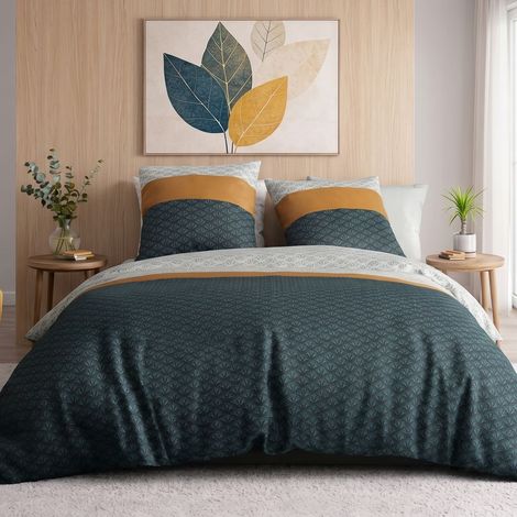 Parure housse de couette 260x240cm + 2 taies motif rétro bleu pétrole et jaune 100% coton - TOBIAS (1/5)