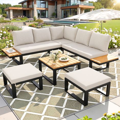Salon de jardin avec 1 Canapé d'angle, 1 Table Basse et 1 Repose-pieds, Dossier Réglable, Métal et Bois Synthétique, Beige (1/5)