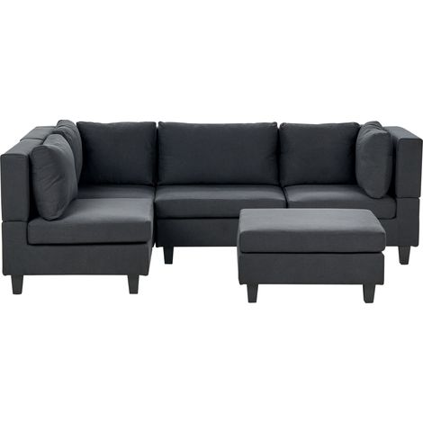 Modular Corner Sofa 4 Seater UNSTAD Fabric Black with Ottoman Right Hand
