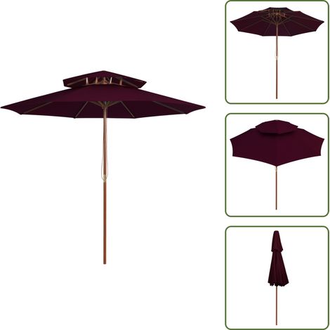 Ombrellone con palo in legno - vidaXL Ombrellone a Due Livelli con Palo in Legno 270 cm Rosso Bordò - Ombrellone con sistema a carrucola