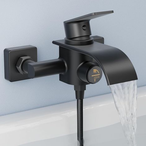 Robinet de baignoire cascade noir - Mitigeur de baignoire - Robinet en laiton avec bouton poussoir - Pour montage mural - Noir (1/5)