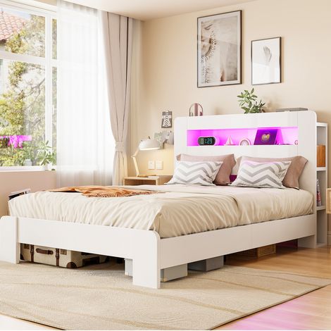 letto matrimoniale 140x200 LED prese testiera bianco HAVRYA (1/5)