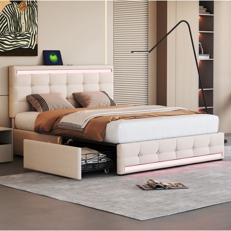 Lit rembourré moderne 140x200 cm beige avec tête de lit LED, 4 tiroirs, 2 ports USB et sommier à lattes (1/5)