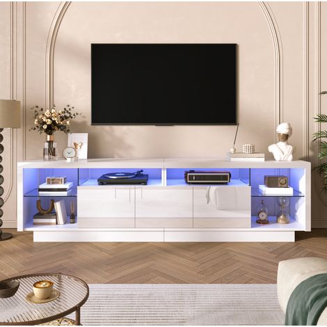 Weiße TV-Kommode 200 x 38 x 55 cm mit per App gesteuerter mehrfarbiger LED HAVRYA (1/5)