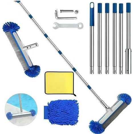 Swimming Pool Brush with Telescopic Rod 230 cm Long, 45 cm Swimming Pool Cleaning Brush, Round Ends with Stainless Steel Rod Adjustable Length (1/5)