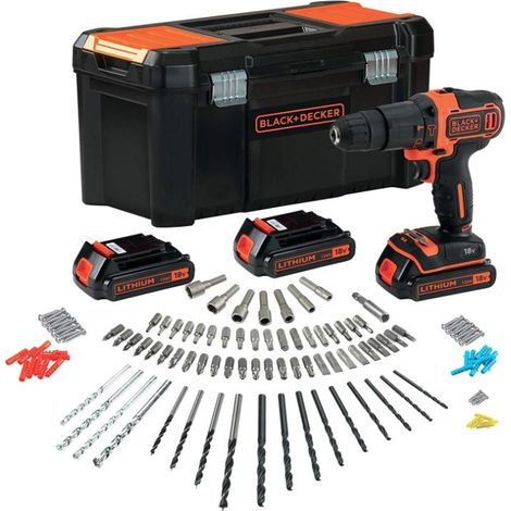 BLACK+DECKER BDCHD181B3A Perceuse-visseuse à percussion sans fil 18V avec 3 batteries 1,5Ah, 120 accessoires coffret (1/2)