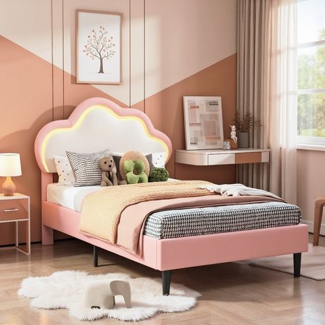 Lit simple capitonné 90 x 200 cm avec LED et tête de lit forme de nuage réglable,Sommier à lattes,Lit enfant rembourré,PU,Rose Blanc (1/5)