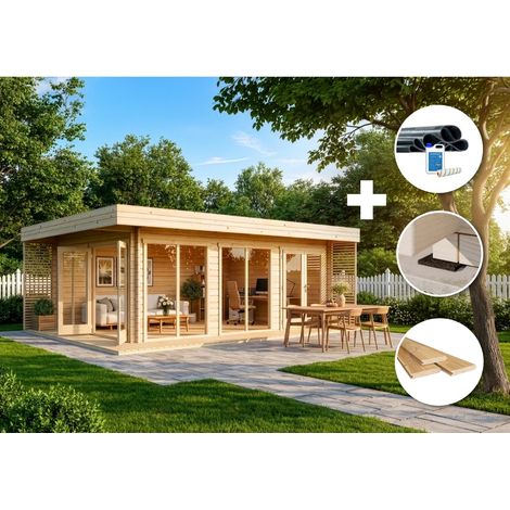 Alpholz – Chalet de jardin en bois naturel 668 x 472 cm – Épaisseur des parois 44 mm – 2 portes doubles 150 x 193 cm – 3 grandes baies vitrées (1/5)