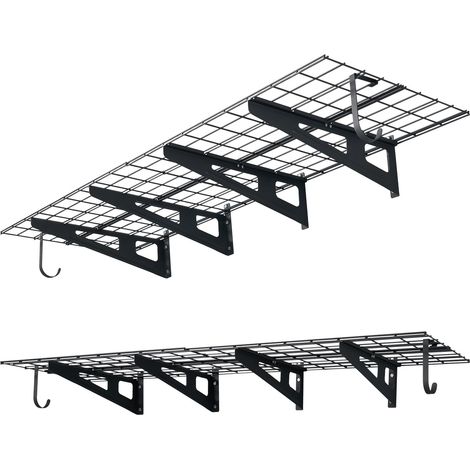 Étagère Murale Garage 2 Niveaux Étagère Rangement Murale Garage 182,8x61,5x20,6 cm pour Garages, Buanderies, Ateliers, Acier, avec Crochets, Charge 227 kg par Niveau, Charge Totale 454 kg, Noir (1/5)
