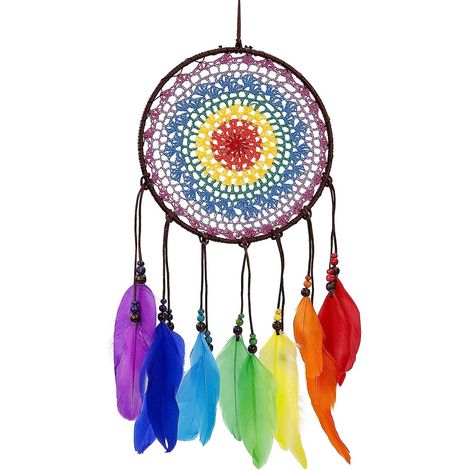 Grand attrape-rêves mural en plumes colorées faites main - Décoration bohème pour chambre et cadeau pour la maison (1/5)