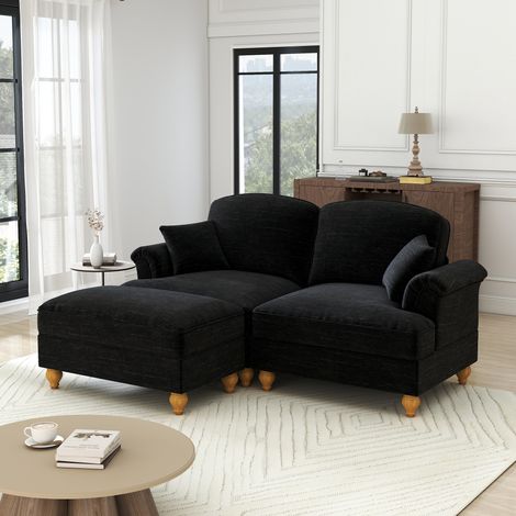 Modulares Mid-Century L-förmiges 2-Sitzer Sofa aus Chenille mit Trichter-Armlehnen, abnehmbarer Rüschenschürze, spindelförmigen Beinen & beweglichem Hocker – Tiefer Sitzkomfort fürs Wohnzimmer,Schwarz