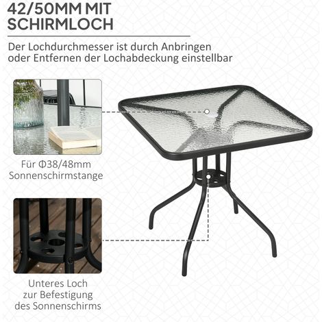 Table de jardin pliante en acier 76x76 cm, noir, avec trou pour parasol, antidérapante, résistante aux intempéries, 1 pièce (1/4)