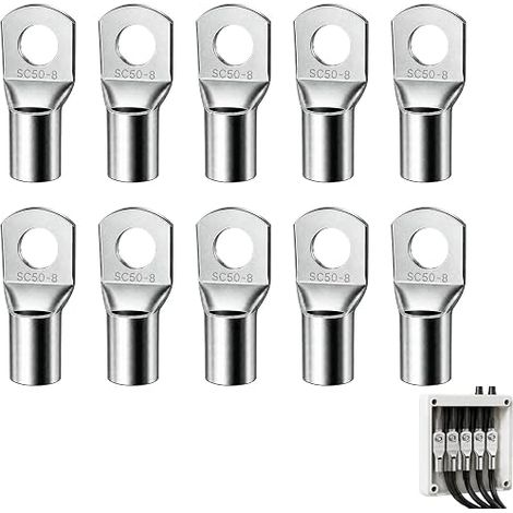 10 x Eye Lugs 50mm² M8 Tinned Copper Non-Insulated Crimp Cable Lugs Crimp Connector Ring Diameter M8 for Cable 50 mm² Car Battery Electrical Installation Distribution Box (1/5)