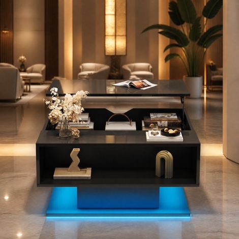 Mesa de centro elevable LED controlable por app ergonómica mesa de salón tablero de partículas 80x77x40cm color negro (1/5)