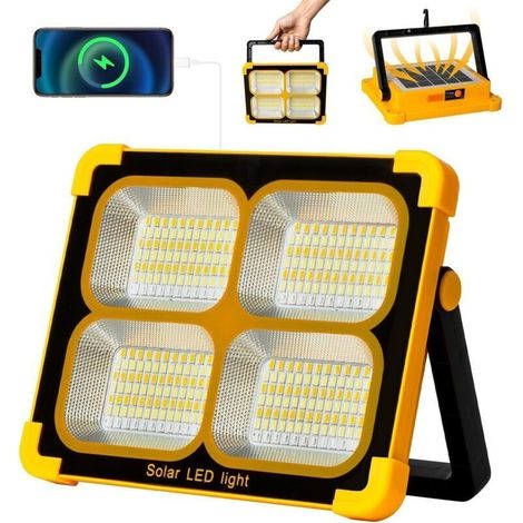 Projecteur Led Rechargeable 100W: Projecteur Led Chantier avec Panneau Solaire -7200mAh USB Lampe Chantier 4 Mode d'éclairage Idéal pour camping, travail, garage, atelier [Classe énergétique A+++]