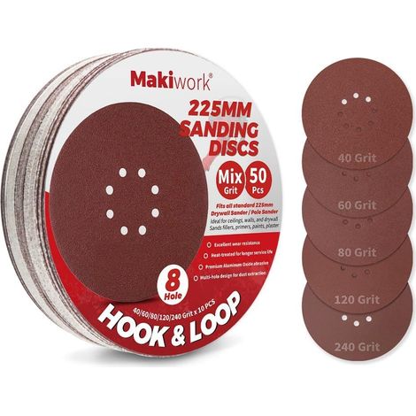 Lot de 50 Disques Abrasifs 225 mm Assortiment 5 Grains 40/60/80/120/240 8 Trous Auto-Agrippants pour Ponceuse Girafe Idéal Ponçage Mur, Placo et Cloisons Sèches (1/5)