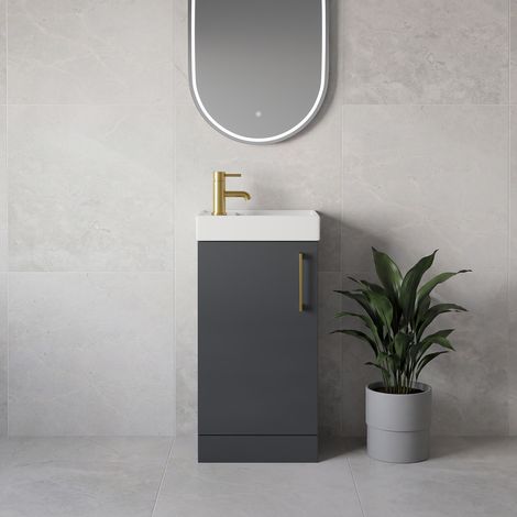 Napoli Cube Gloss Grey 400mm Single Door Vanity Unit with Align Basin - 400mm - Brushed Brass 160mm Handle