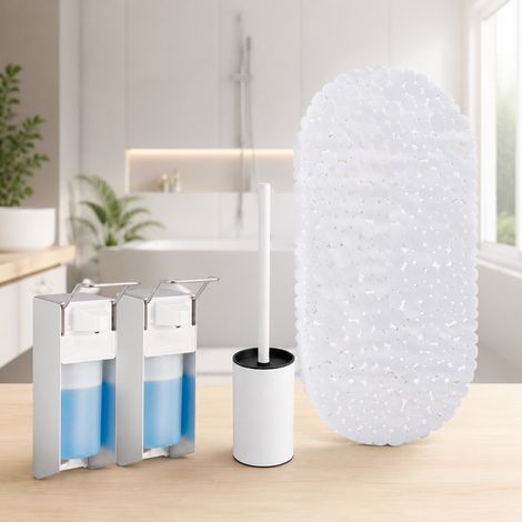 Hygienisches Badezimmer-Sicherheitsset (3-teilig) - Wandmontierte WC-Bürste, Badematte & Seifenspender (1/5)