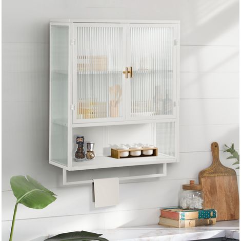 Mueble de baño de pared de 60 cm con puertas de vidrio, estante abierto y toallero, blanco HAVRYA (1/5)