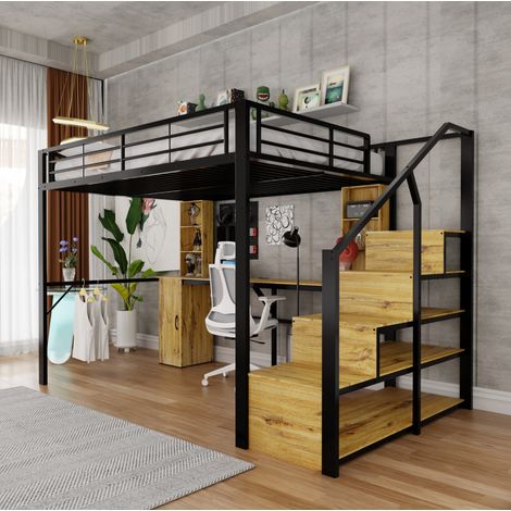 Cama alta 140 x 200 cm de metal con escritorio, almacenaje y escalera, negro DESVIAE (1/5)