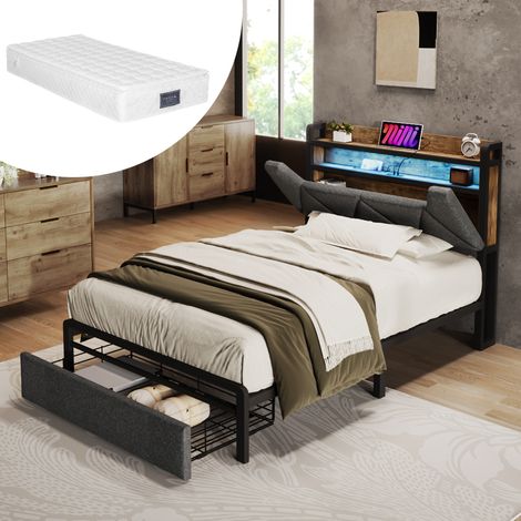 Lit coffre 90x200 LED USB, tête de lit rangement lin gris HAVRYA (1/5)