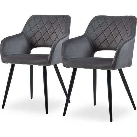 Clipop – Lot de 2 chaises de salle à manger en velours – Rembourrées avec accoudoirs – Pieds en métal – Hauteur d'assise 48 cm – Gris (1/4)