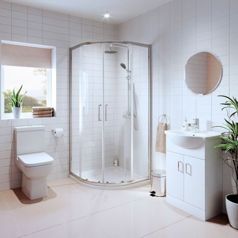 Bathroom Suite Quadrant Shower Enclosure Vanity Unit Basin Sink Toilet WC 900mm (1/5)